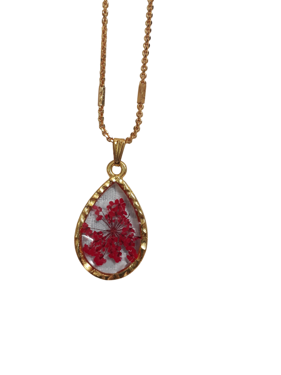 Resin Golden Chain Oval Red Small Flower Pendant
