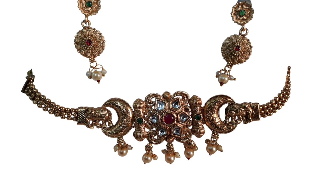 Necklace with Matching Earrings Traditional Ornate Gold Jewelry Set
