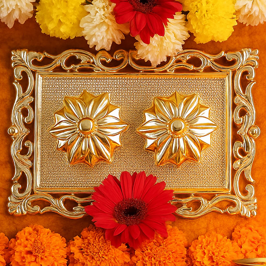 Ornate Rectangular Pooja Thali Tray  Mix Color 1 Pc