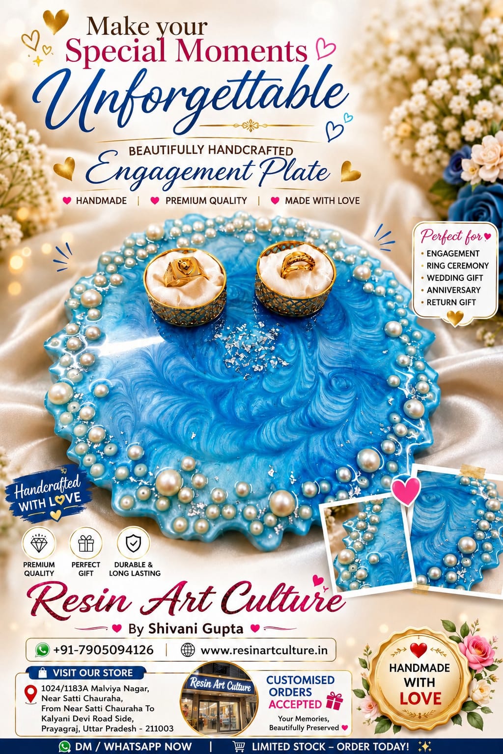 Handmade Resin Engagement Plate with Pearl Border  Luxury Ring Ceremony Platter