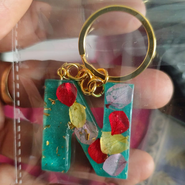 Resin Letter N Green Flower Key Ring