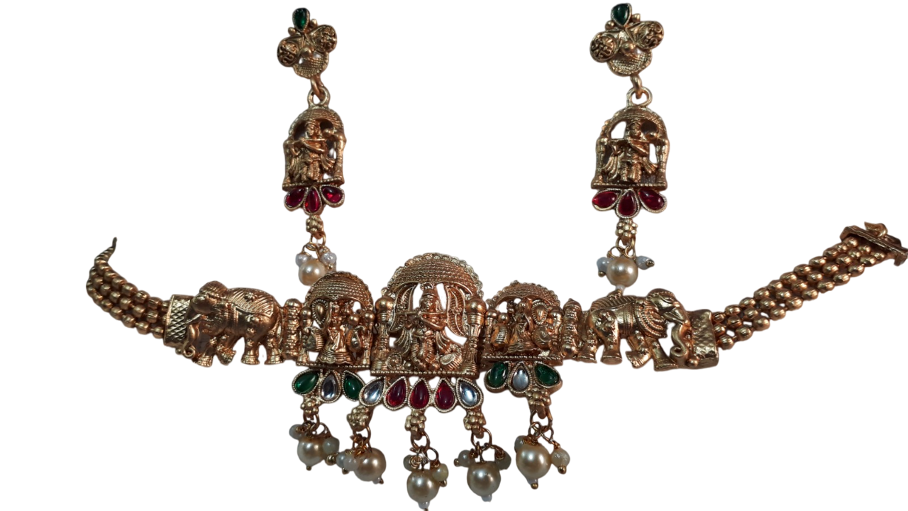 South Indian Temple Style Necklace Set With Matching Earring For Women