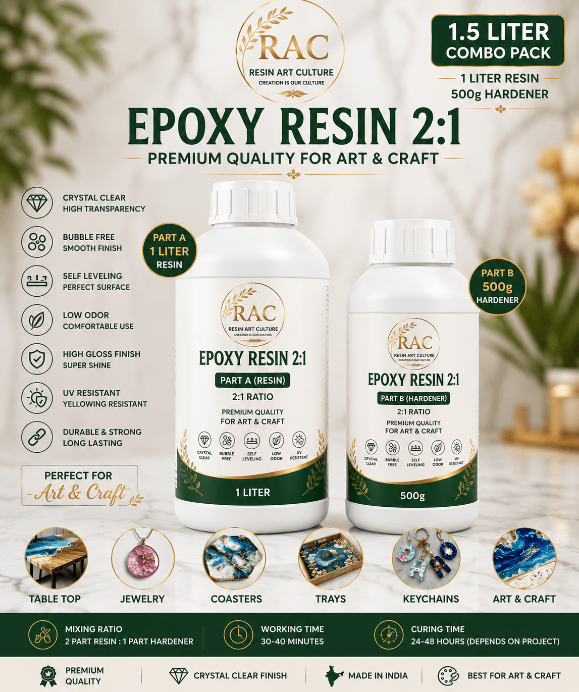 Premium Epoxy Resin 2:1 1.5 Liter Combo Pack Crystal Clear Bubble Free Resin