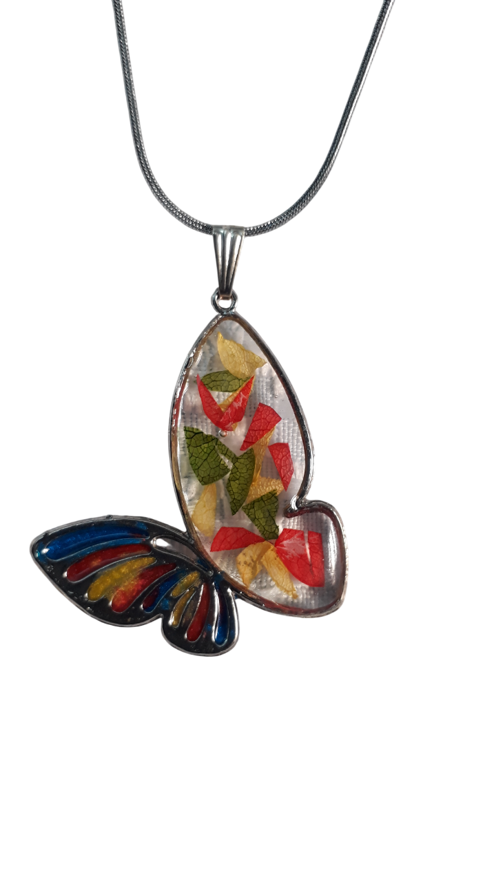 Resin Silver Chain Colorfull Butterfly Flower Pendant