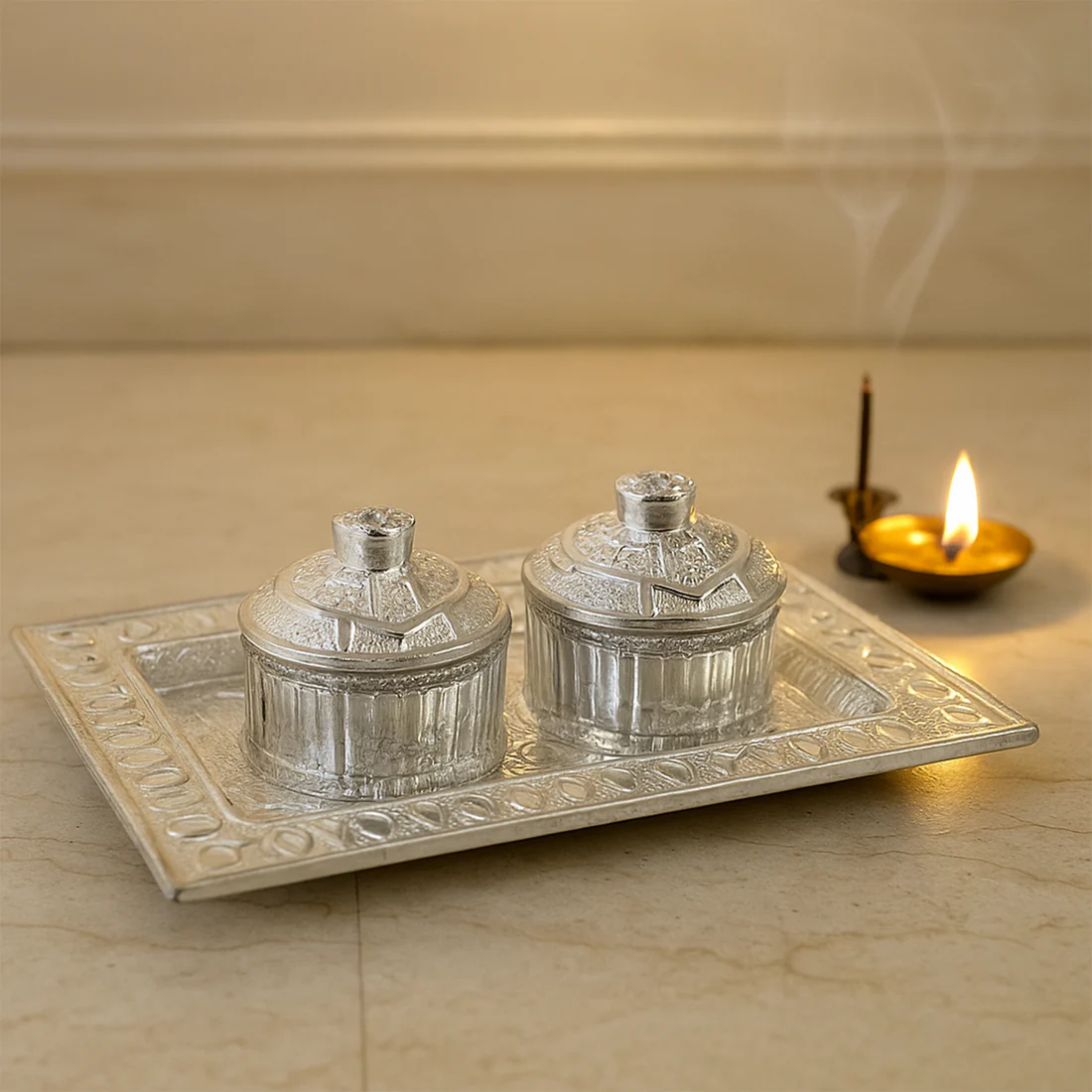 Silver-Finish Pooja Kumkum Box Tray