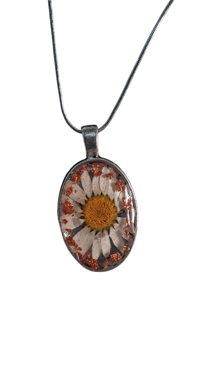 Resin Silver Chain White Flower Pendant