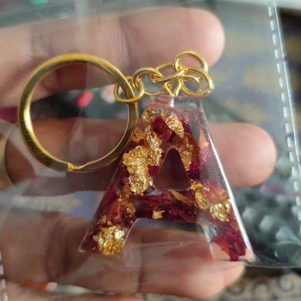 Handmade Resin Letter A Keychain – Red Rose Petals & Gold Foil – Personalized Alphabet Key Ring