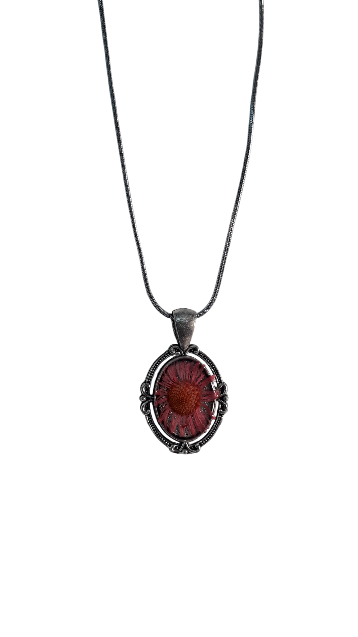 Resin Silver Chain Pink Flower Pendant